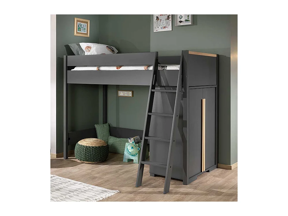 Hochbett mit Schrank in Anthrazit Buchefarben (zweiteilig)