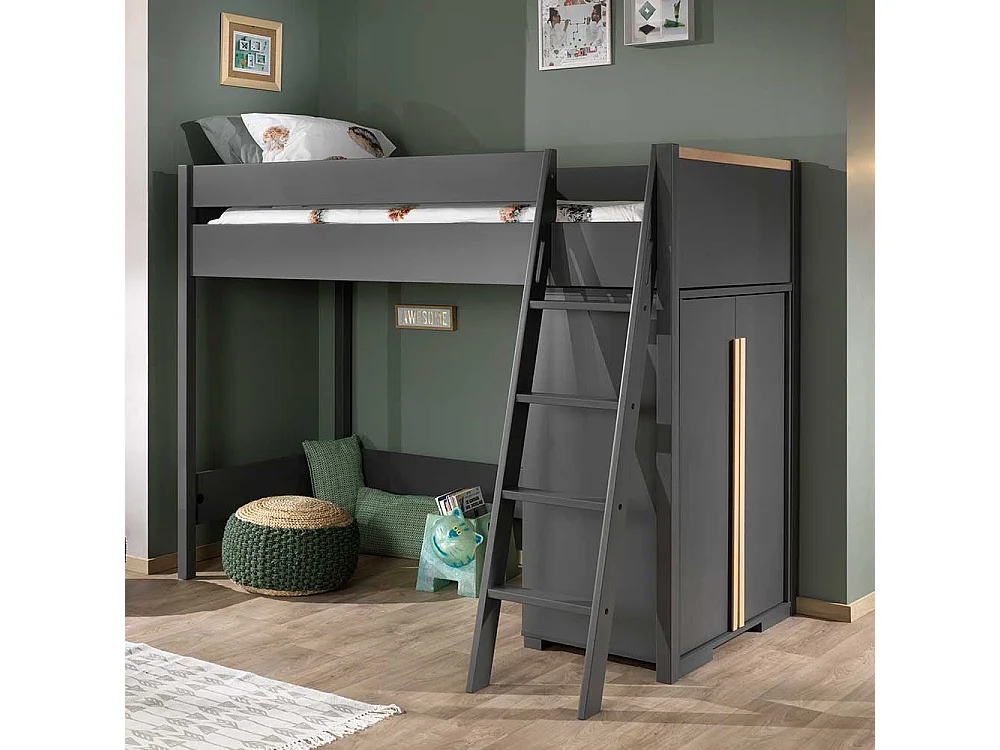 Hochbett mit Schrank in Anthrazit Buchefarben (zweiteilig)