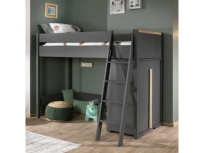 Hochbett mit Schrank in Anthrazit Buchefarben (zweiteilig)