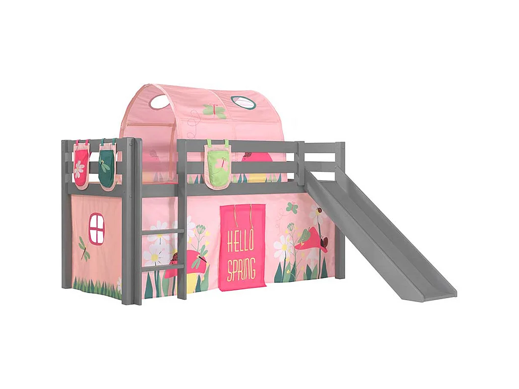 Mädchen Abenteuerbett in Grau Rosa Rutsche Stofftunnel und Vorhang