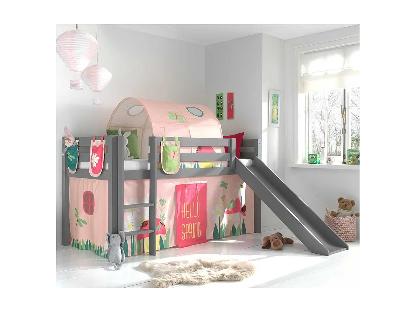 Mädchen Abenteuerbett in Grau Rosa Rutsche Stofftunnel und Vorhang