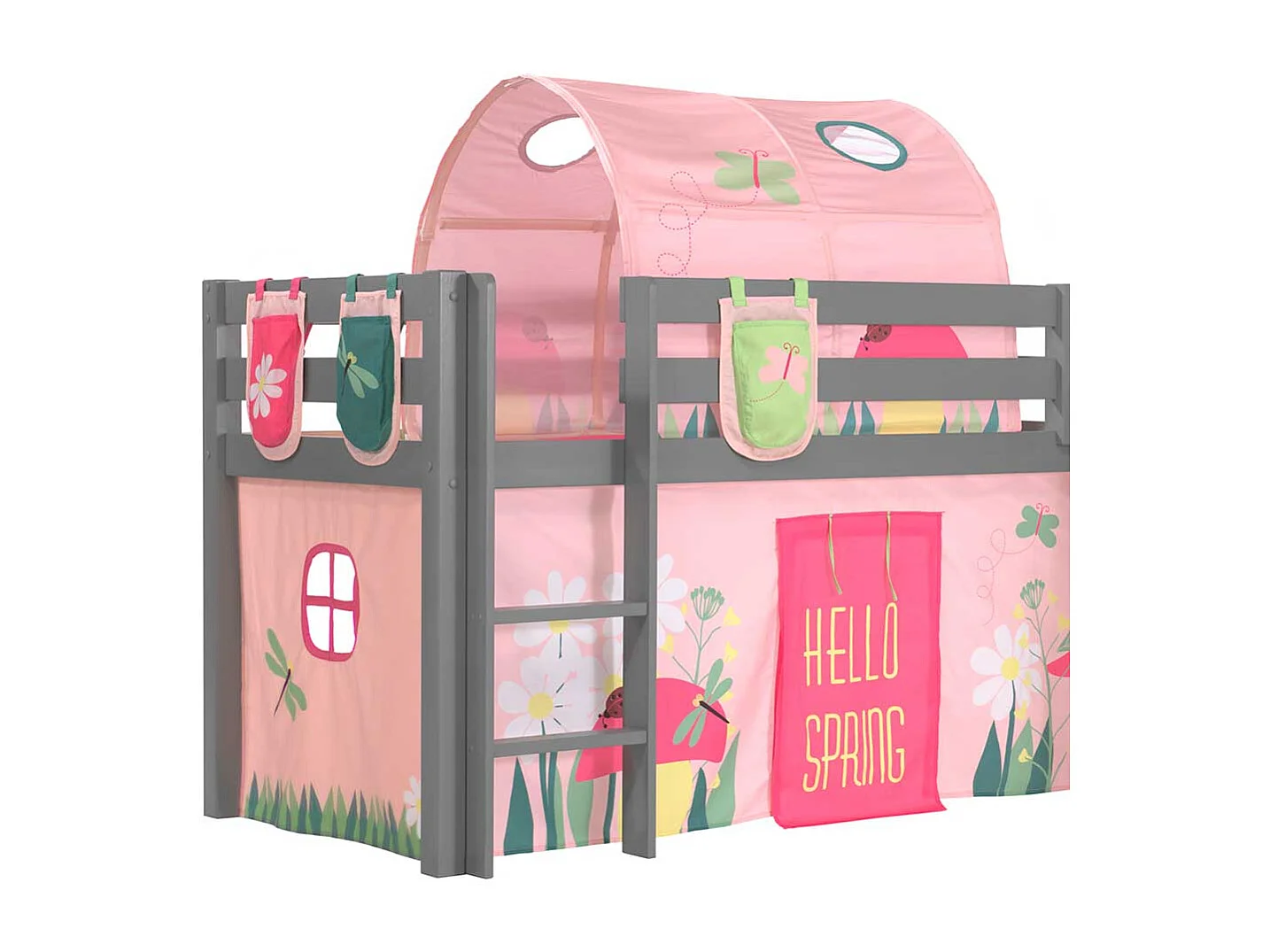 Mädchen Abenteuerbett in Grau Rosa Rutsche Stofftunnel und Vorhang