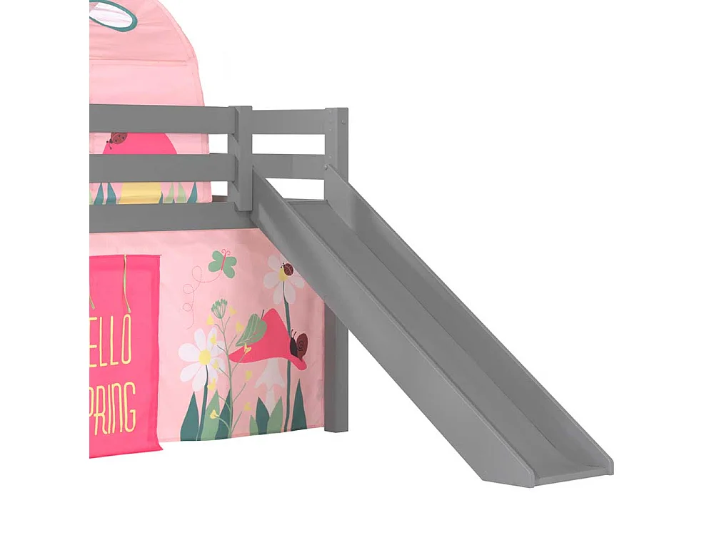 Mädchen Abenteuerbett in Grau Rosa Rutsche Stofftunnel und Vorhang