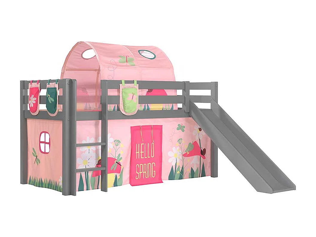 Mädchen Abenteuerbett in Grau Rosa Rutsche Stofftunnel und Vorhang