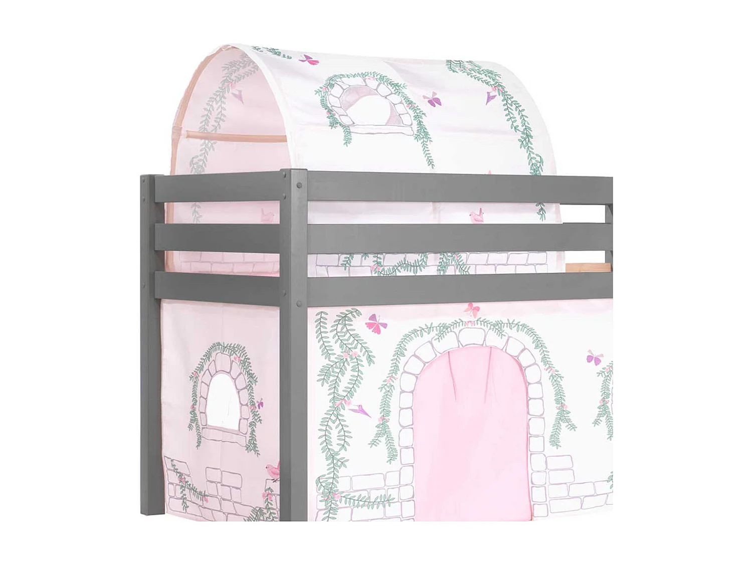 Kinderzimmer Bett in Grau und Rosa Vorhang und Tunnel