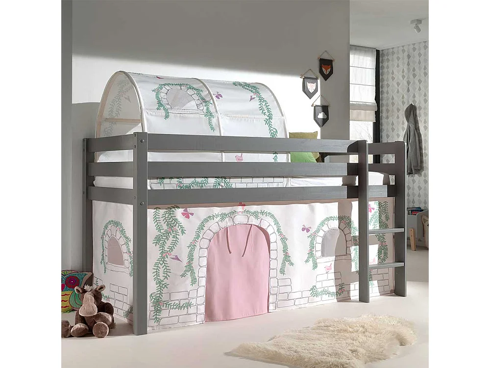 Kinderzimmer Bett in Grau und Rosa Vorhang und Tunnel