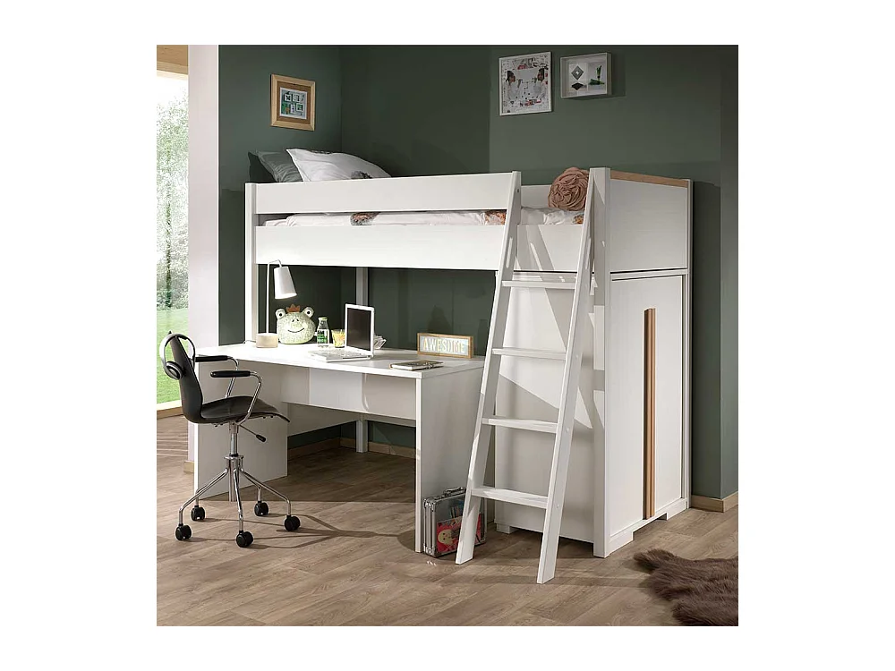 Hochbett mit Schreibtisch und Schrank Skandi Design (dreiteilig)