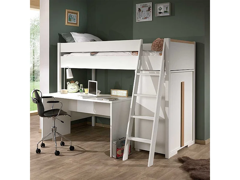 Hochbett mit Schreibtisch und Schrank Skandi Design (dreiteilig)