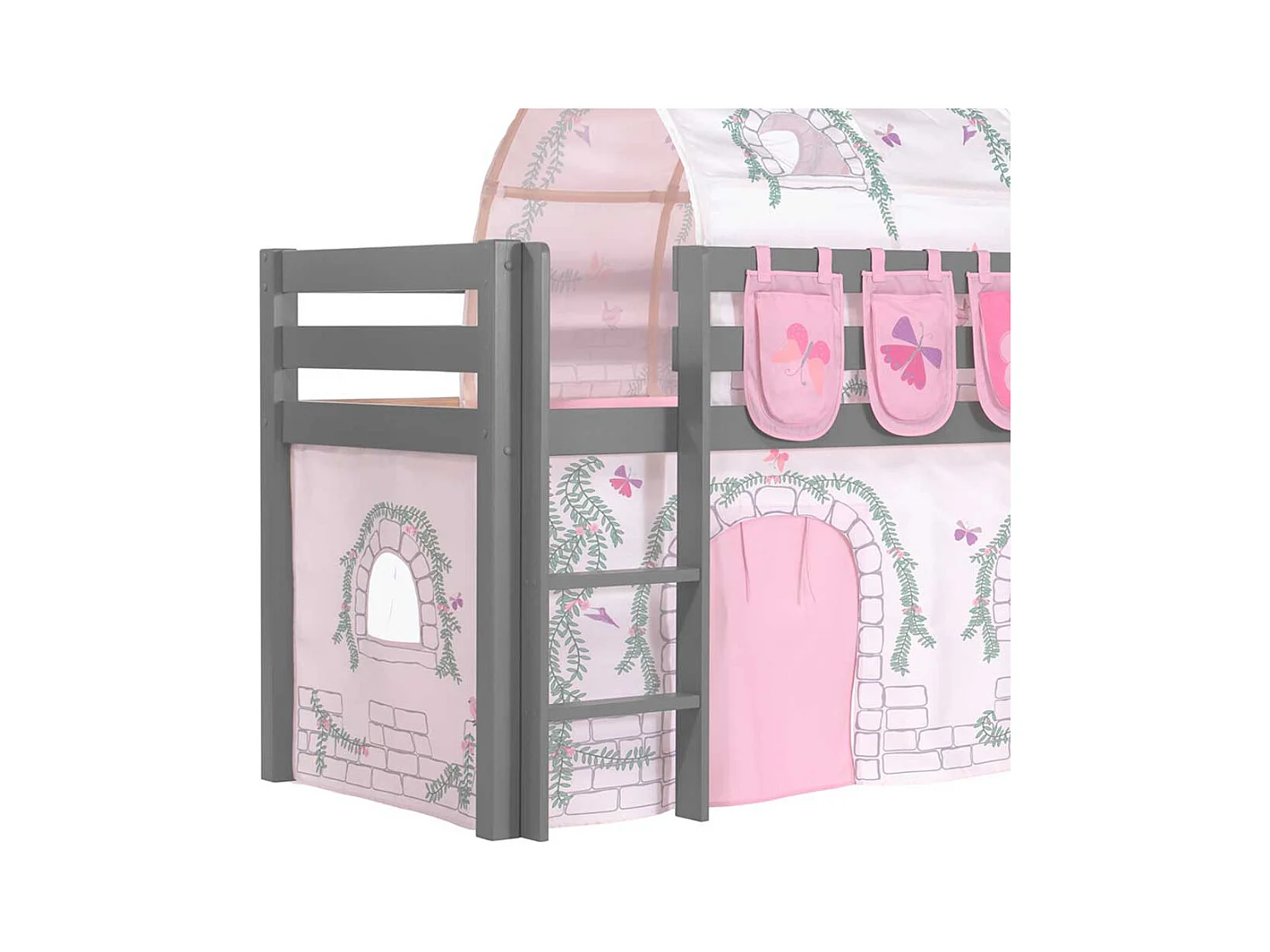 Mädchen Hochbett aus Kiefer Massivholz Grau und Rosa