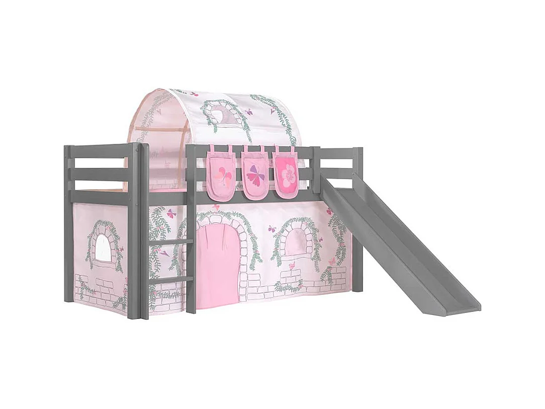 Mädchen Hochbett aus Kiefer Massivholz Grau und Rosa