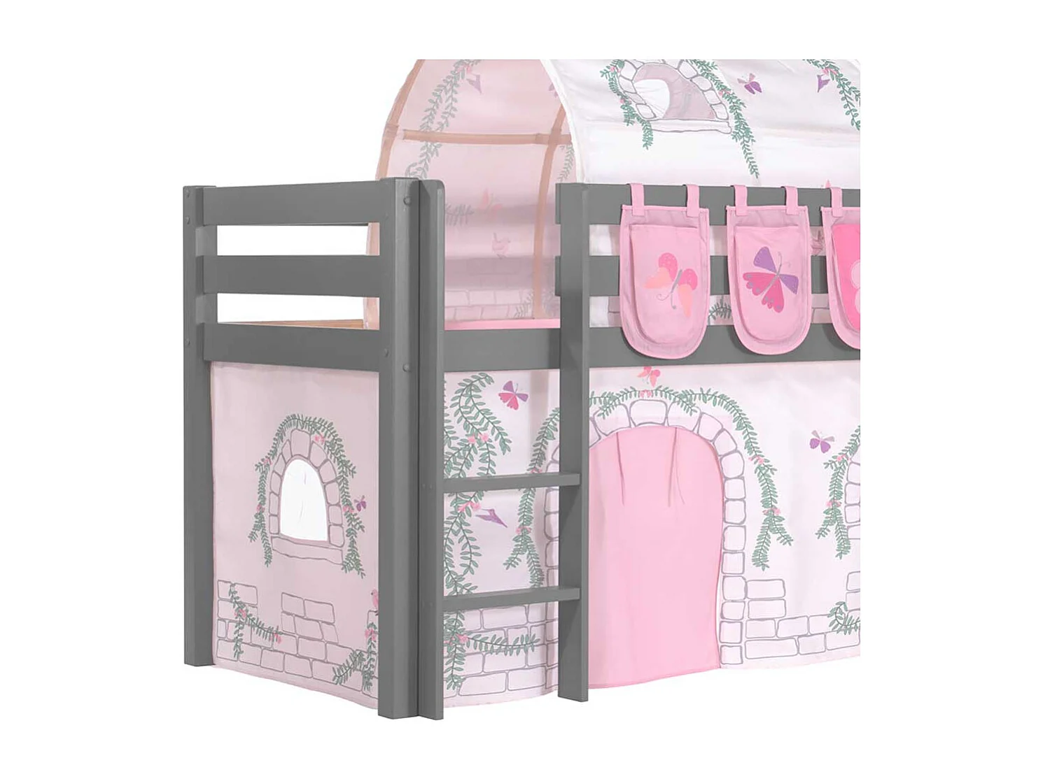 Mädchen Hochbett aus Kiefer Massivholz Grau und Rosa