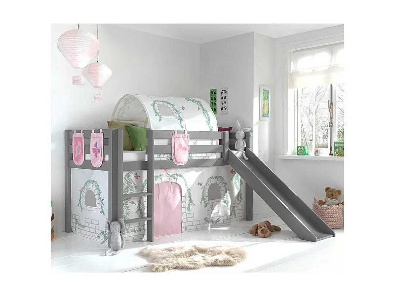 Mädchen Hochbett aus Kiefer Massivholz Grau und Rosa