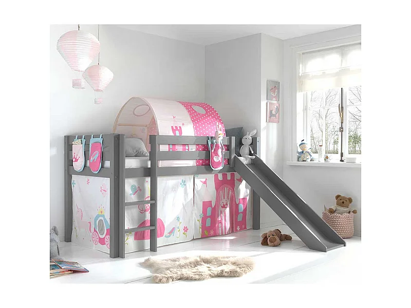 Prinzessinbett Rutsche Vorhang und Stofftunnel Grau Rosa Pink