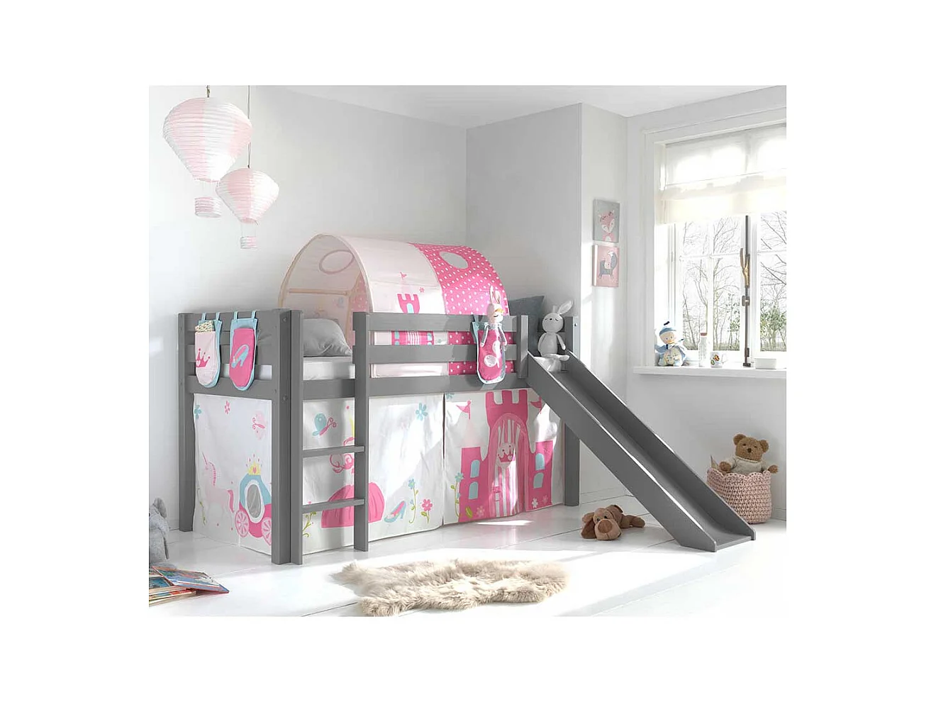 Prinzessinbett Rutsche Vorhang und Stofftunnel Grau Rosa Pink