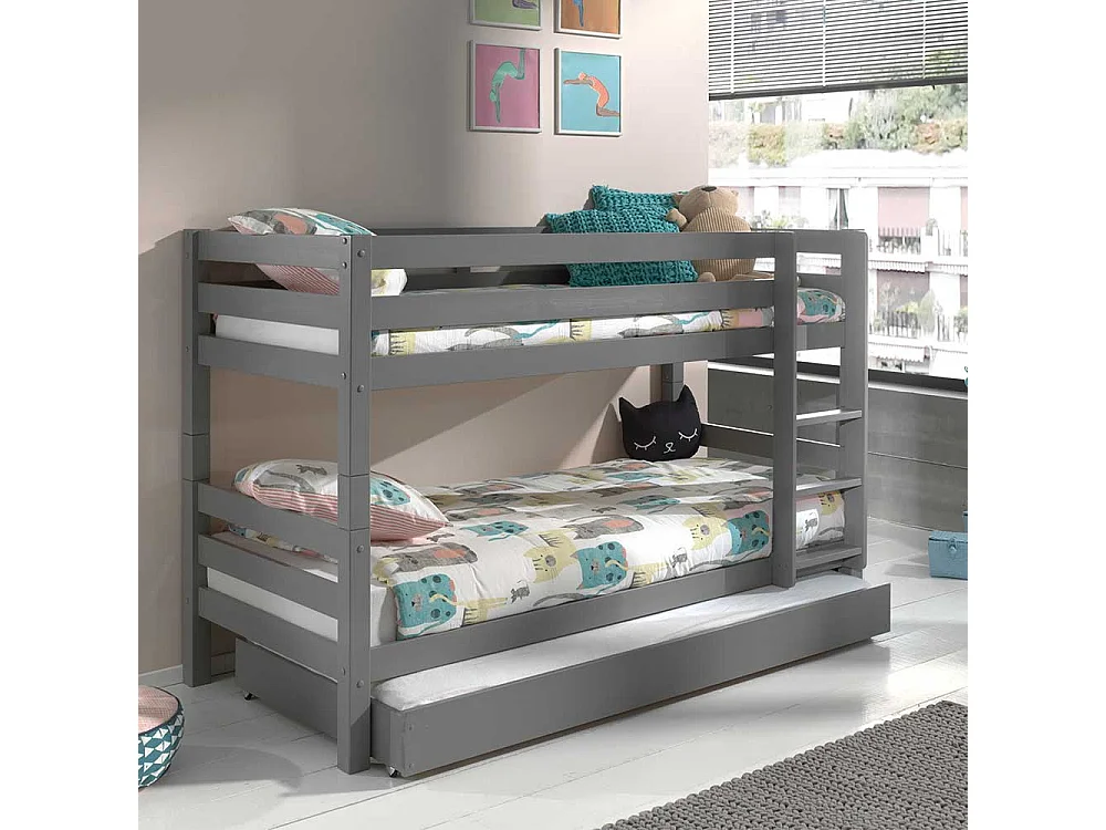 Kinder Hochbett mit einem Ausziehbett Kiefer Massivholz Grau