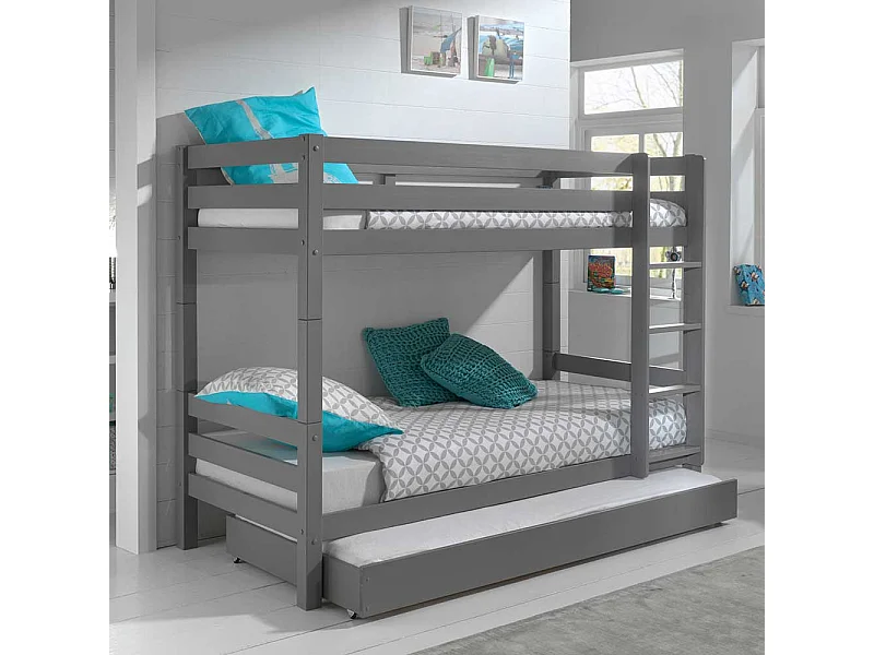 Kinder Hochbett mit einem Ausziehbett Kiefer Massivholz Grau