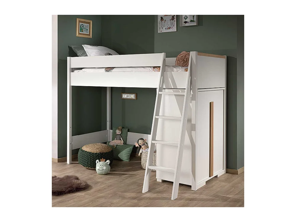 Kinder Hochbett mit Schrank Weiß und Buchefarben (zweiteilig)