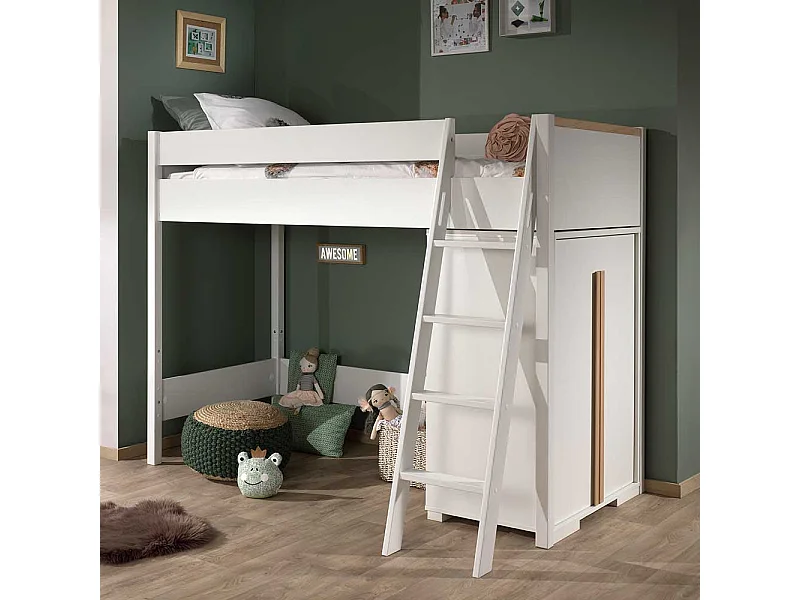 Kinder Hochbett mit Schrank Weiß und Buchefarben (zweiteilig)