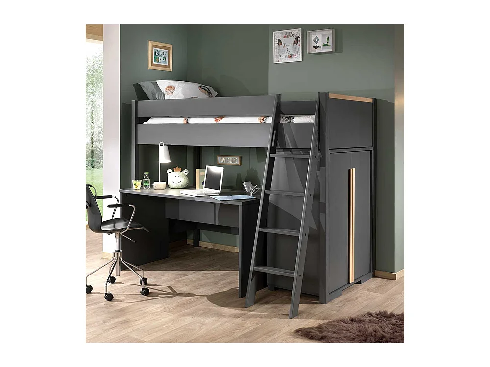 Hochbett Set Anthrazit im Skandi Design 160 cm hoch (dreiteilig)