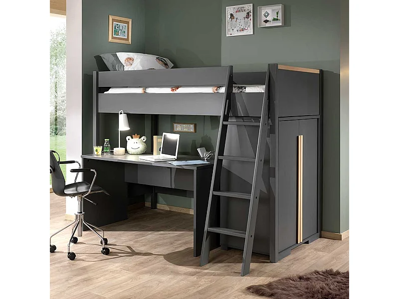 Hochbett Set Anthrazit im Skandi Design 160 cm hoch (dreiteilig)