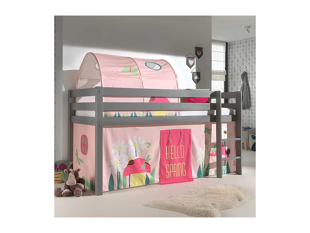 Mädchen Spielhochbett in Grau und Rosa Blumen Motiv