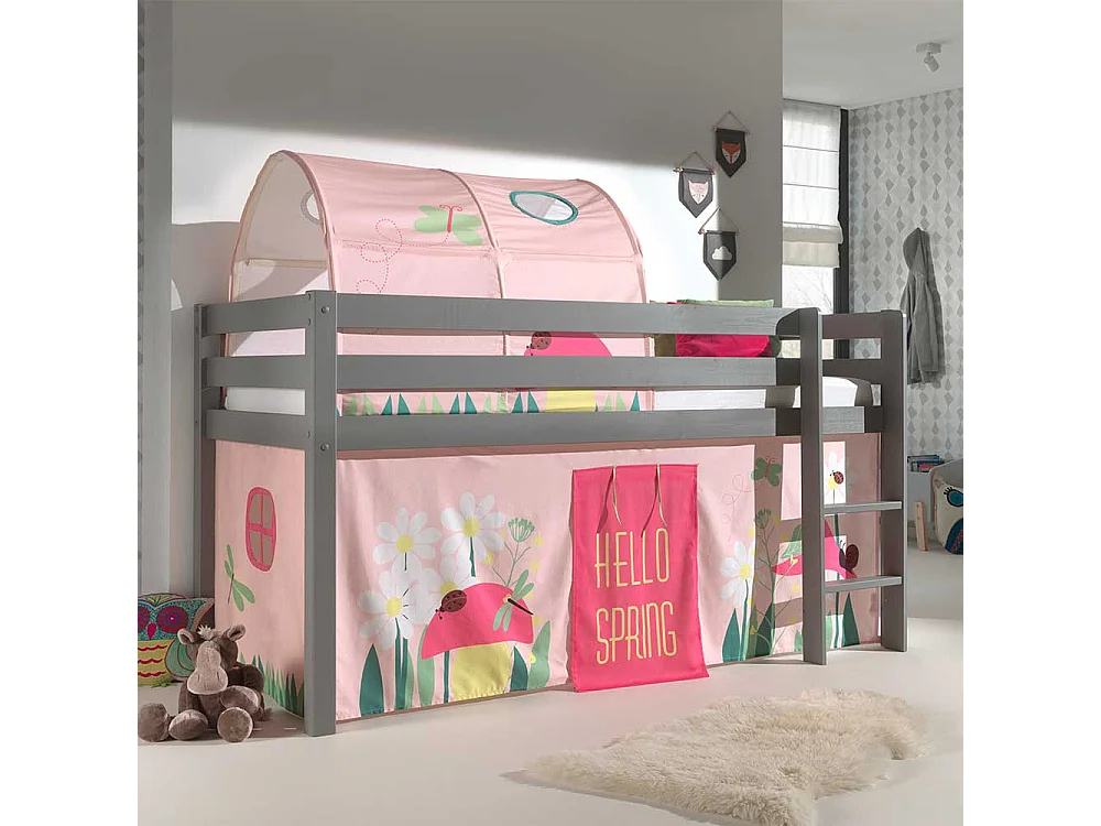 Mädchen Spielhochbett in Grau und Rosa Blumen Motiv