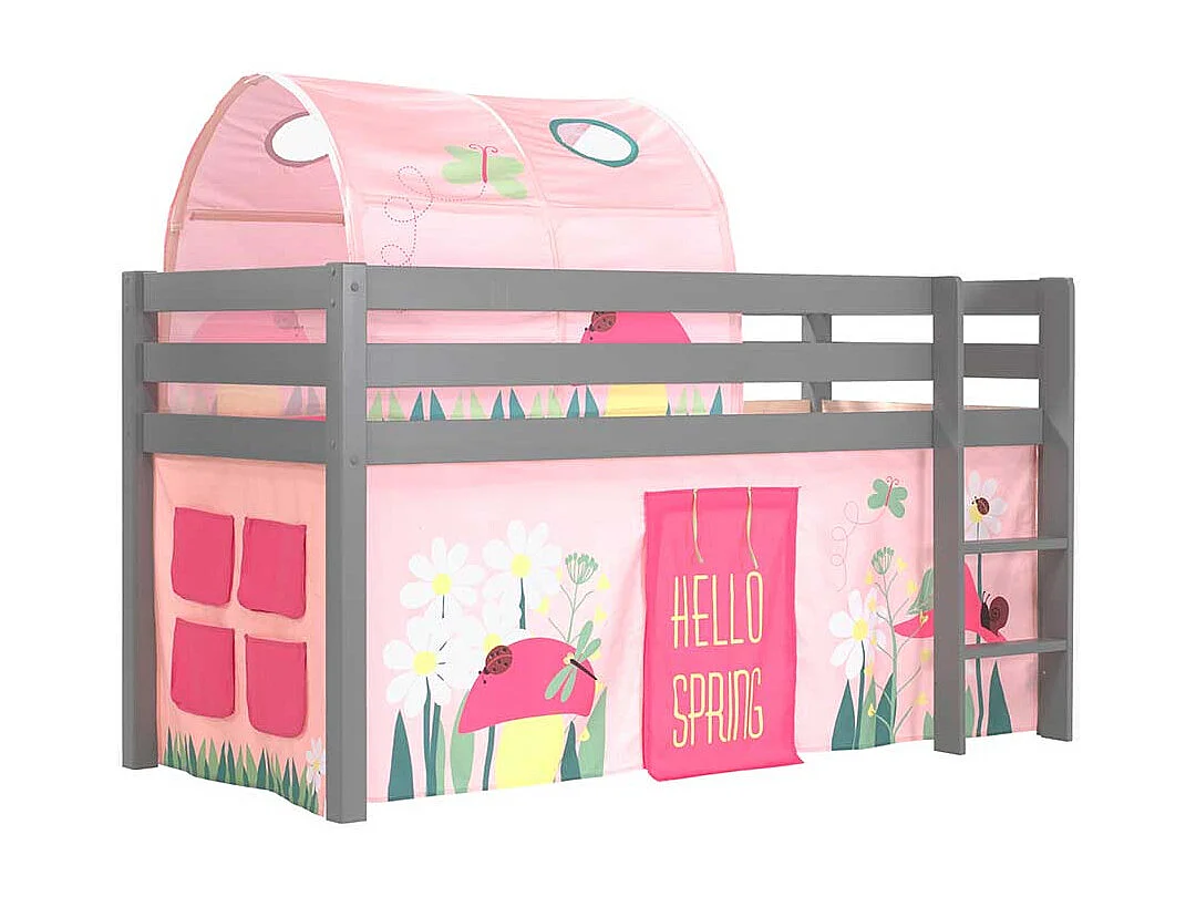 Mädchen Spielhochbett in Grau und Rosa Blumen Motiv