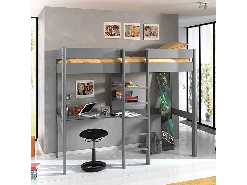 Graues Hochbett mit Massivholz Oberfläche Schreibtisch