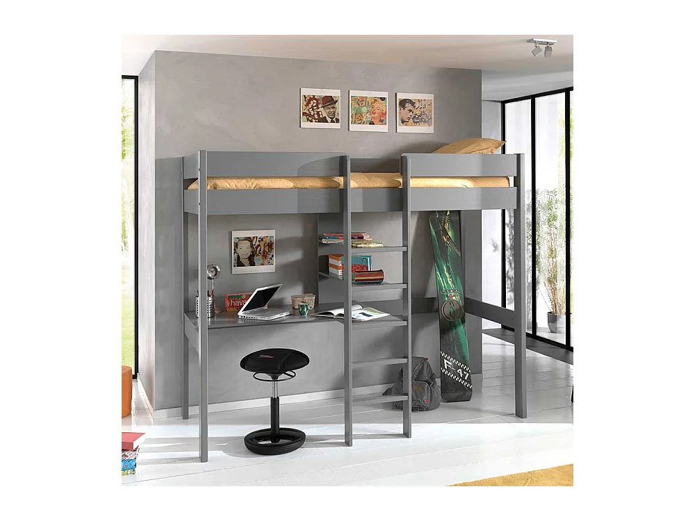 Graues Hochbett mit Massivholz Oberfläche Schreibtisch