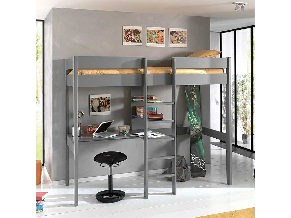 Graues Hochbett mit Massivholz Oberfläche Schreibtisch