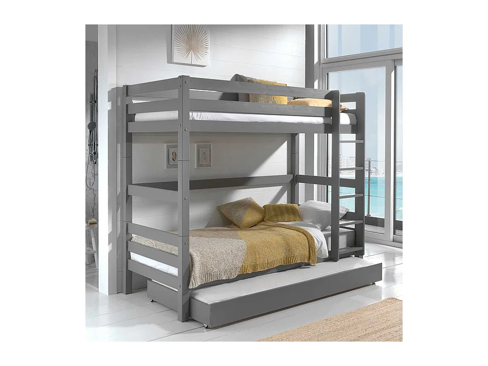 Kinder Hochbett mit einem Ausziehbett Kiefer Massivholz Grau