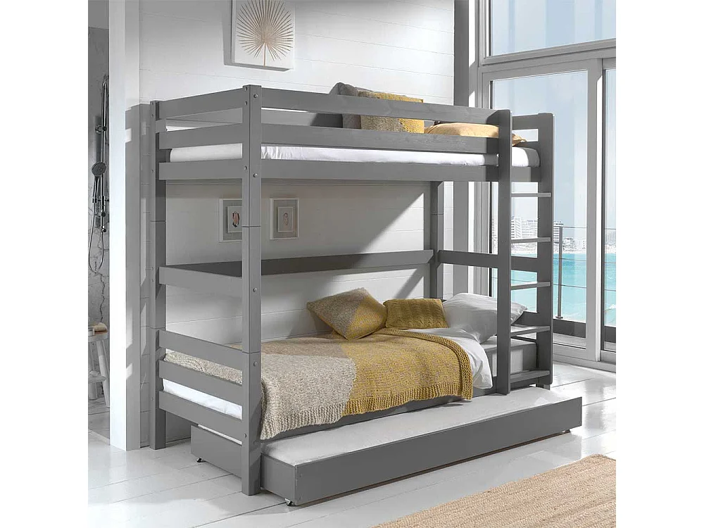 Kinder Hochbett mit einem Ausziehbett Kiefer Massivholz Grau