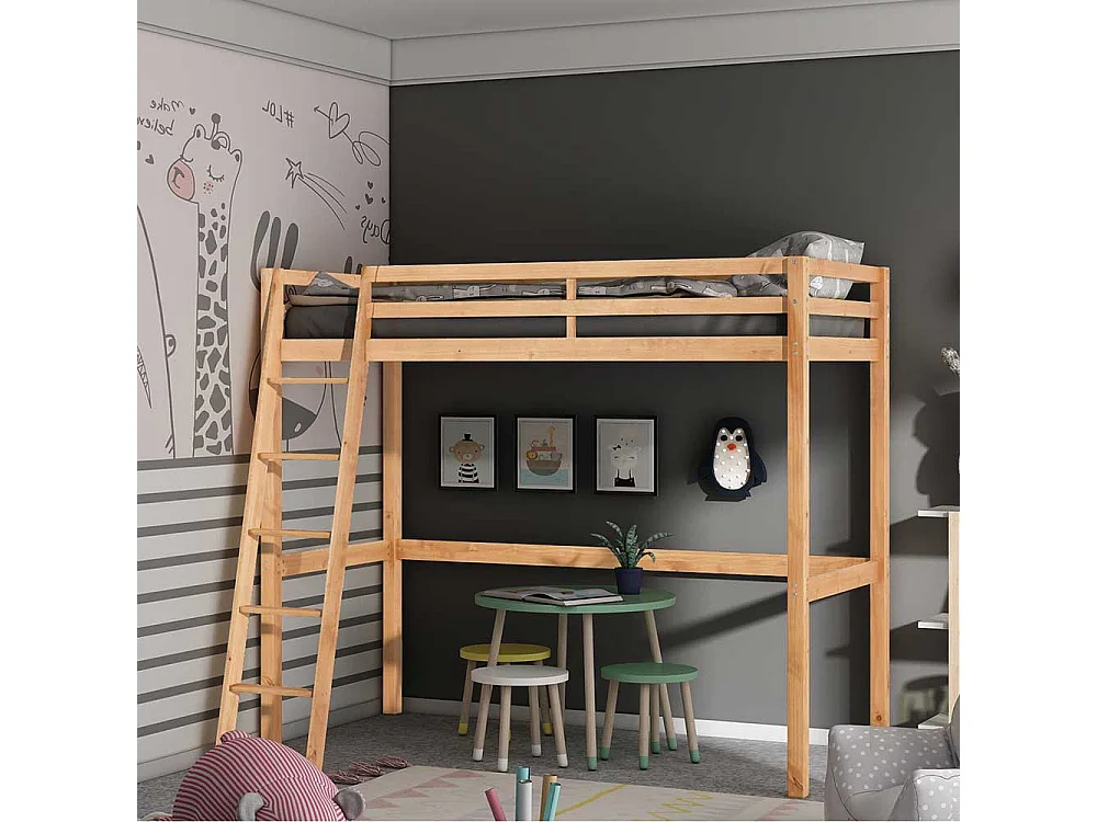 Hochbettgestell aus Kiefer Massivholz Leiter
