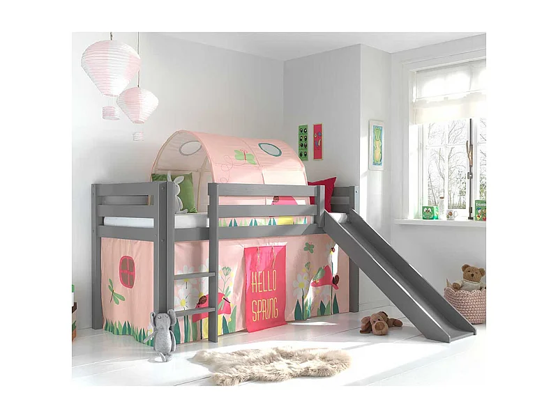 Graues Spielhochbett aus Kiefer Massivholz mit Rutsche