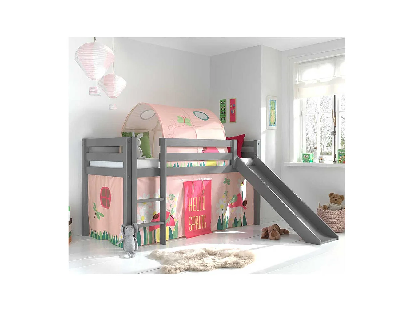 Graues Spielhochbett aus Kiefer Massivholz mit Rutsche