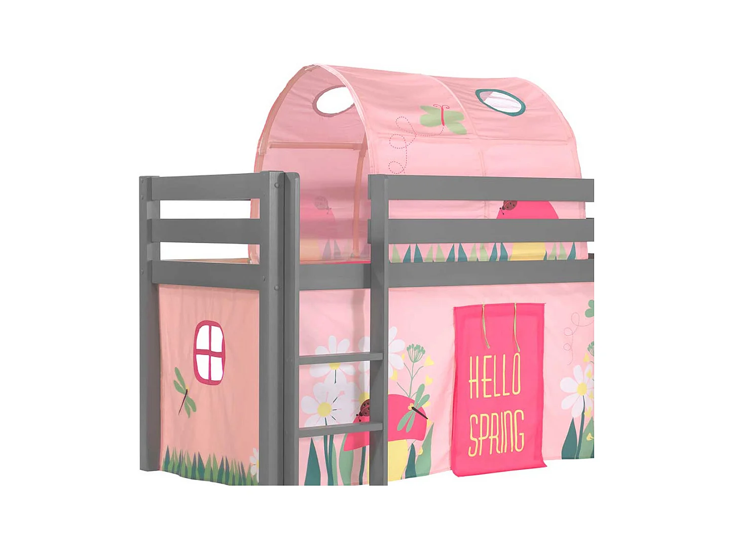 Graues Spielhochbett aus Kiefer Massivholz mit Rutsche