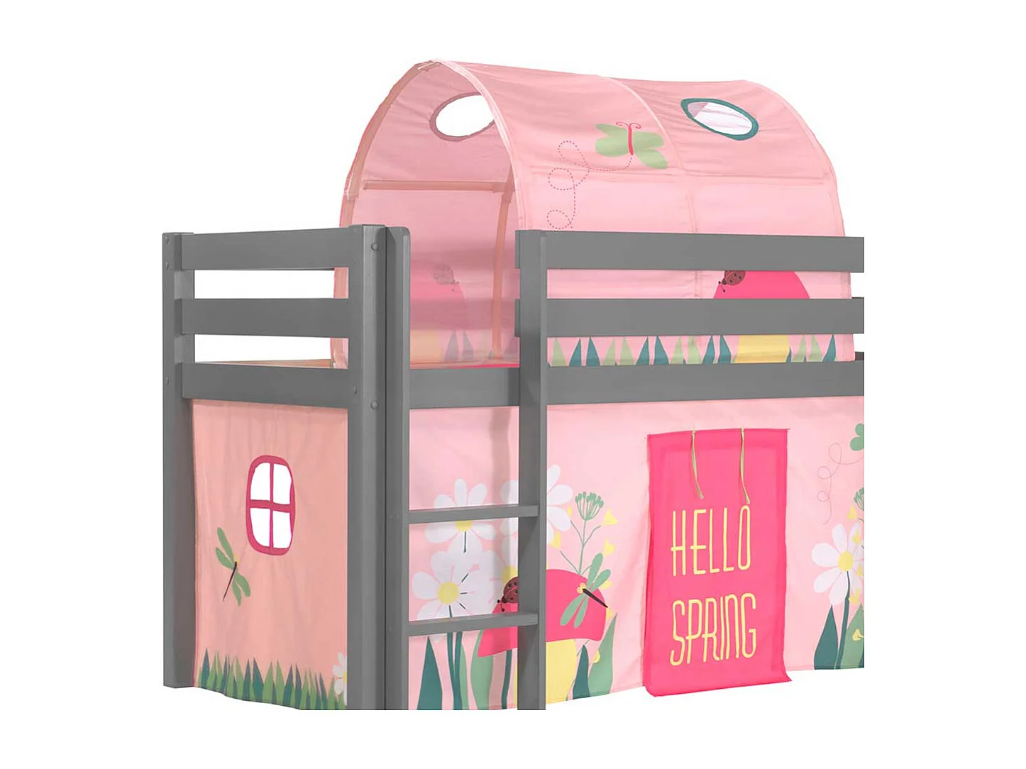 Graues Spielhochbett aus Kiefer Massivholz mit Rutsche