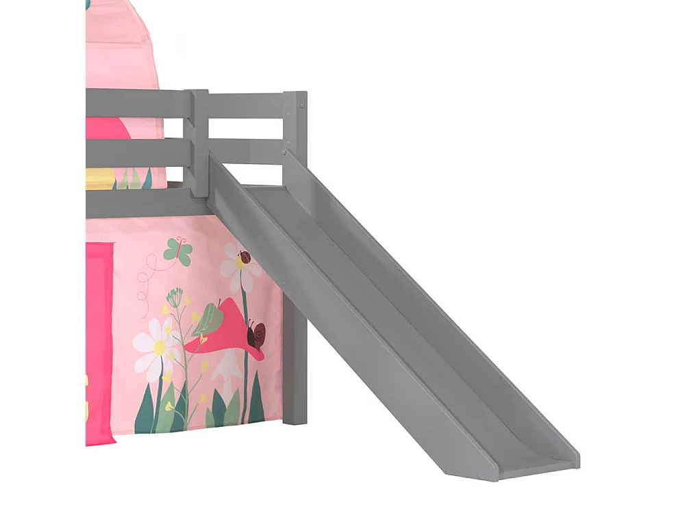 Graues Spielhochbett aus Kiefer Massivholz mit Rutsche