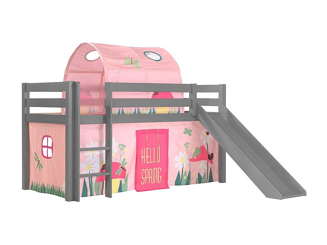 Graues Spielhochbett aus Kiefer Massivholz mit Rutsche