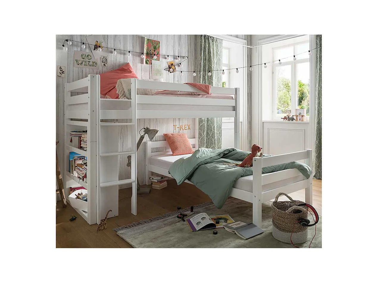 Winkelbett weiß mit Regal aus Buche Massivholz 140 cm hoch (zweiteilig)