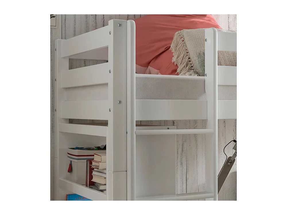 Winkelbett weiß mit Regal aus Buche Massivholz 140 cm hoch (zweiteilig)