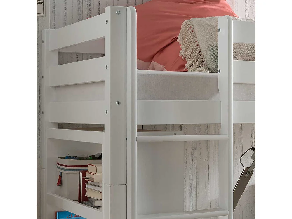 Winkelbett weiß mit Regal aus Buche Massivholz 140 cm hoch (zweiteilig)