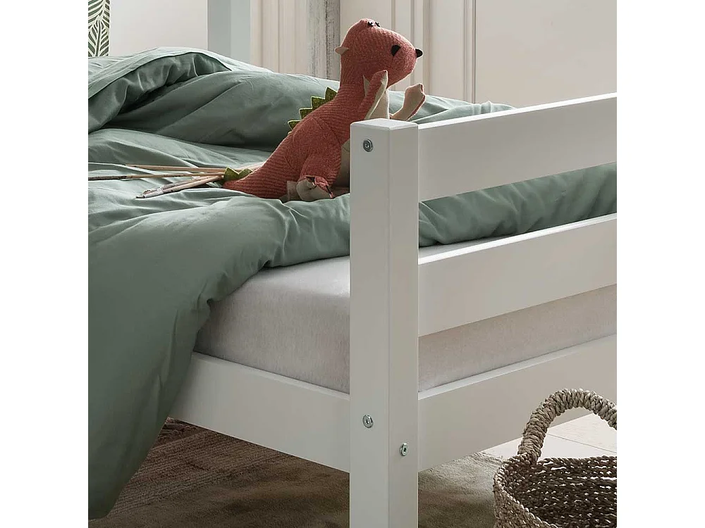 Winkelbett weiß mit Regal aus Buche Massivholz 140 cm hoch (zweiteilig)