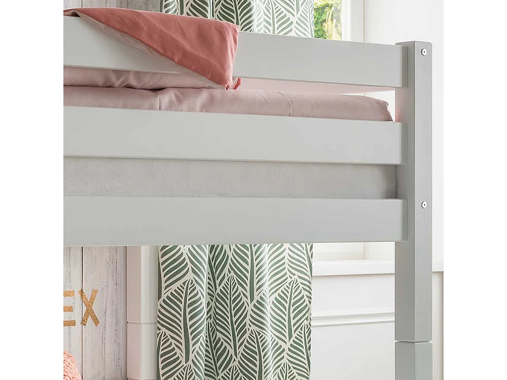 Winkelbett weiß mit Regal aus Buche Massivholz 140 cm hoch (zweiteilig)