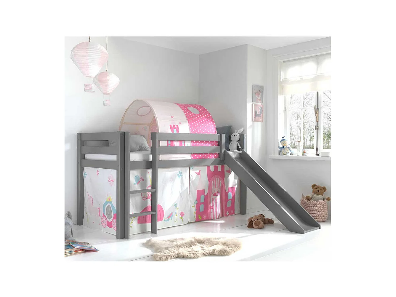 Graues Spielbett mit Rutsche Prinzessin Motiv