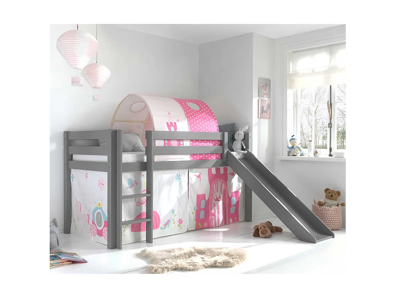 Graues Spielbett mit Rutsche Prinzessin Motiv