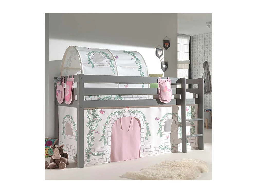 Kinderspielbett in Grau und Rosa Stofftunnel und Vorhang