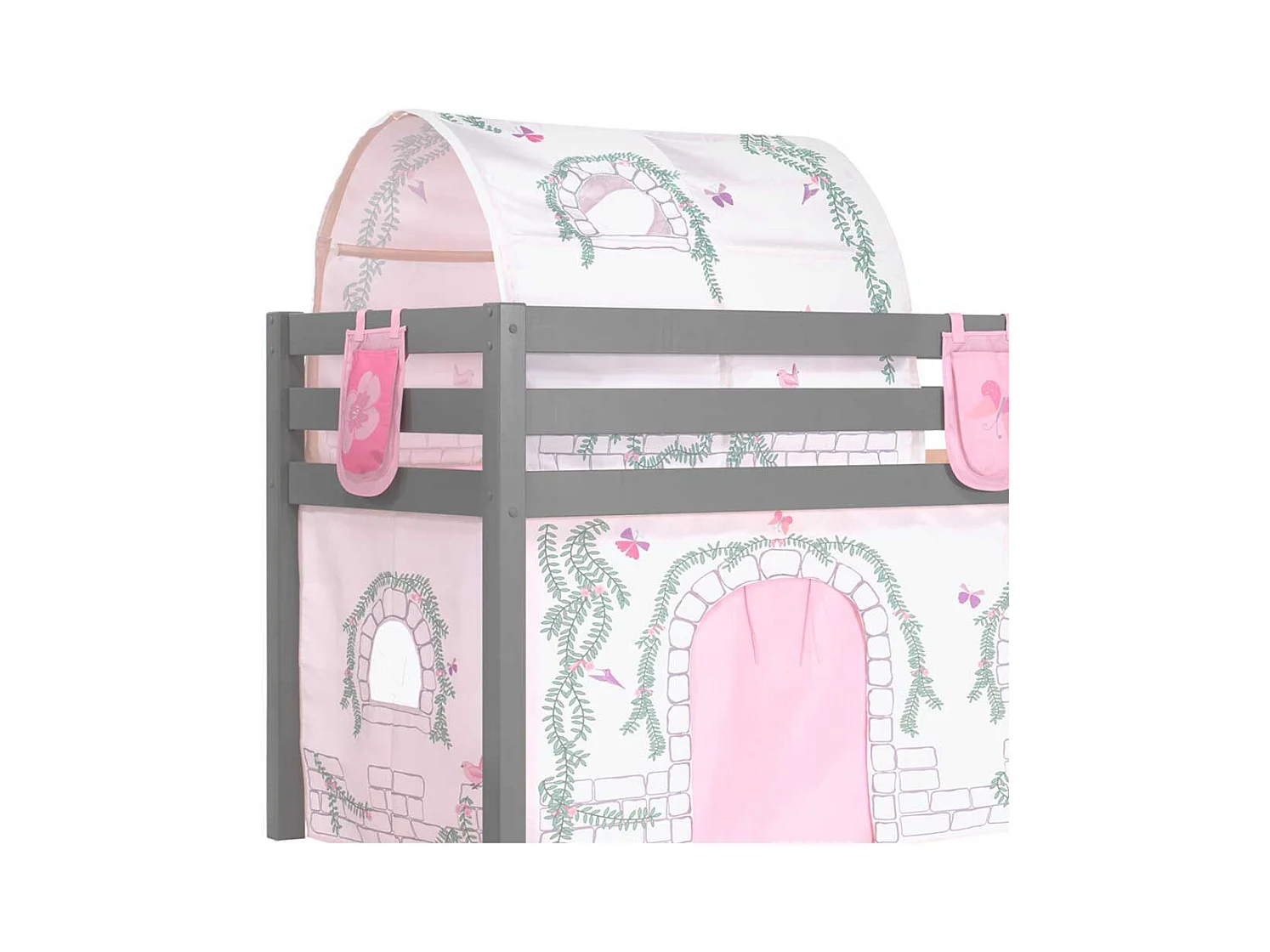 Kinderspielbett in Grau und Rosa Stofftunnel und Vorhang