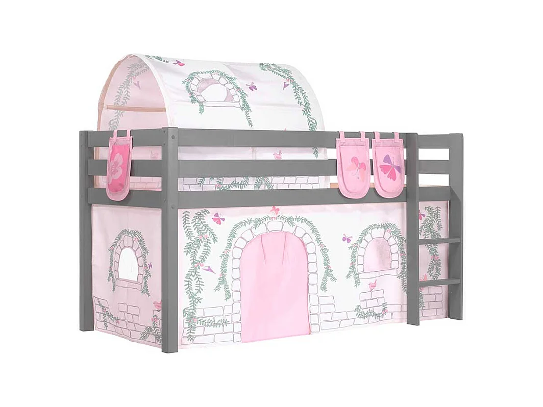 Kinderspielbett in Grau und Rosa Stofftunnel und Vorhang
