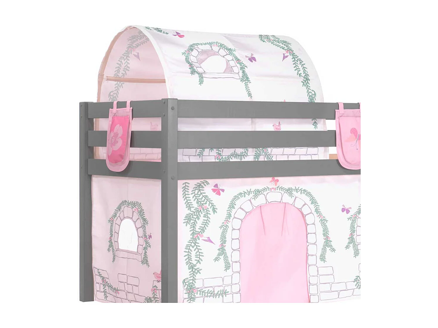 Kinderspielbett in Grau und Rosa Stofftunnel und Vorhang